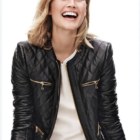 Ann Taylor Diamond Quilted Zipper Pocket Black Leather Jacket Size XS - Picture 1 of 10